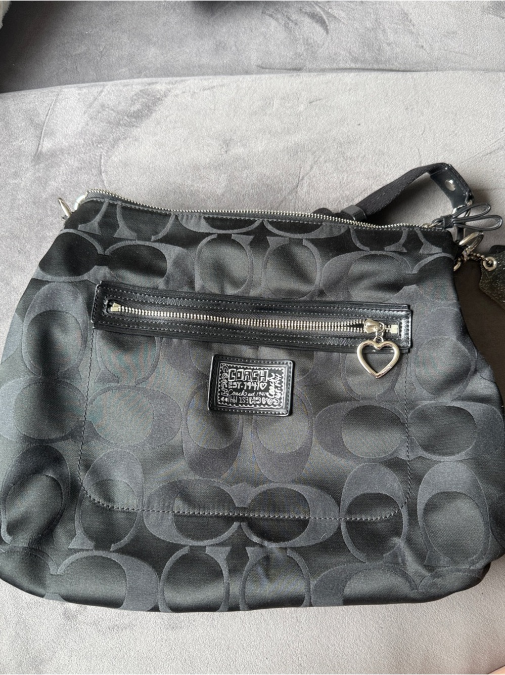 Coach Black Signature Shoulder Bag with Heart Charm. Used once. Pristine